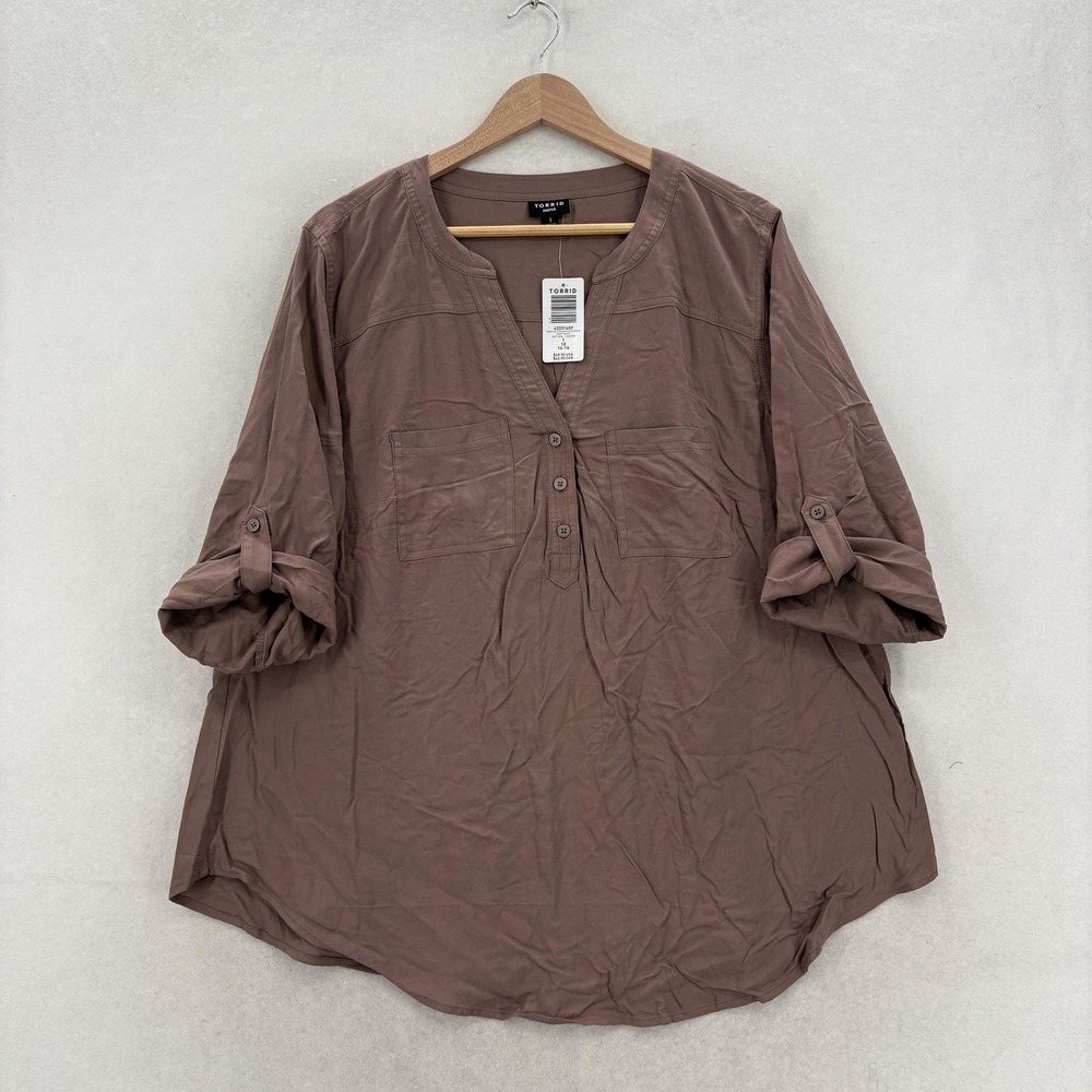 Torrid Harper Challis Blouse Womens 1X Plus Brown V Neck 3/4 Roll Tab Tunic NWT
